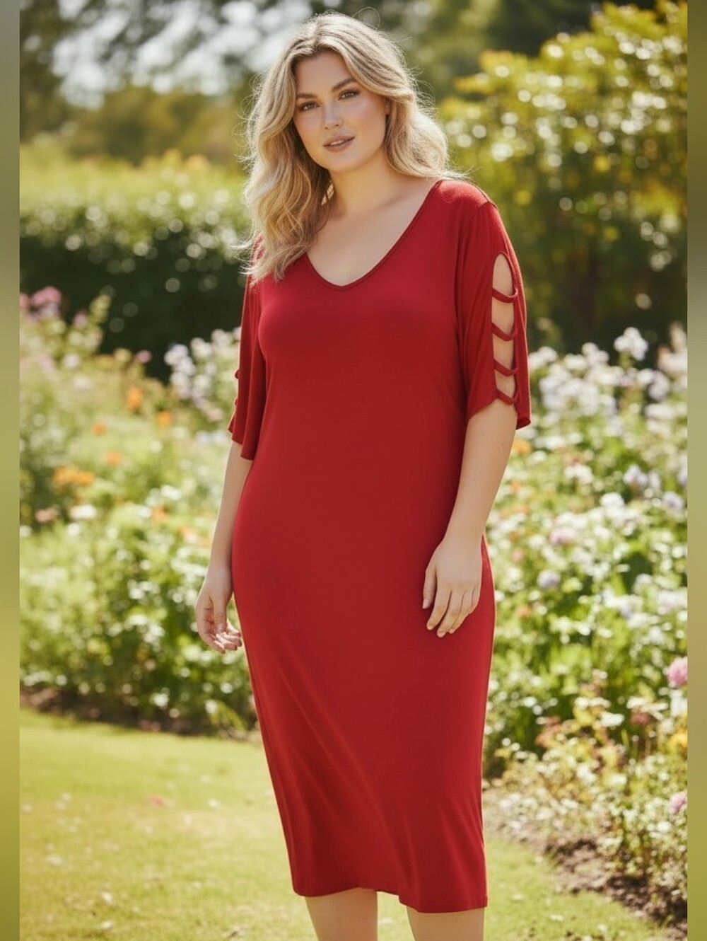 Lane Bryant Red V-Neck Midi Dress with Ladder Sleeve Cutouts